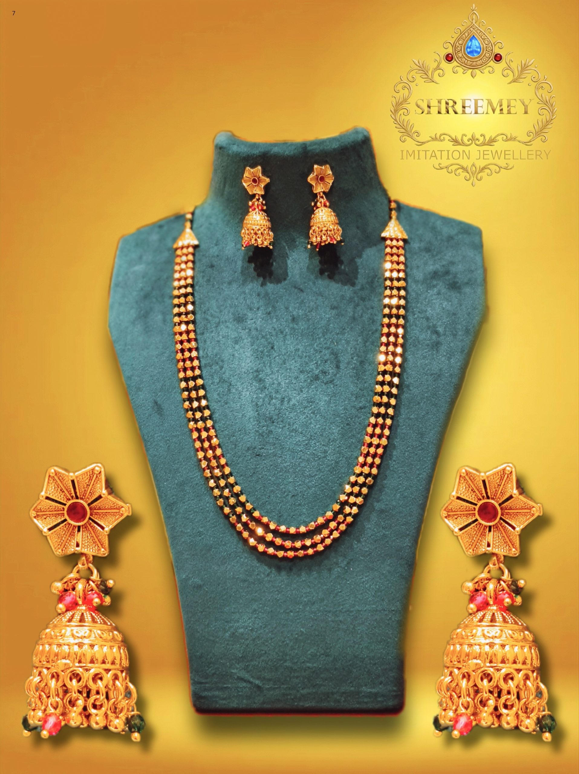 Shreemey Three Line Colored Mani Ashtapailu Mala Necklace